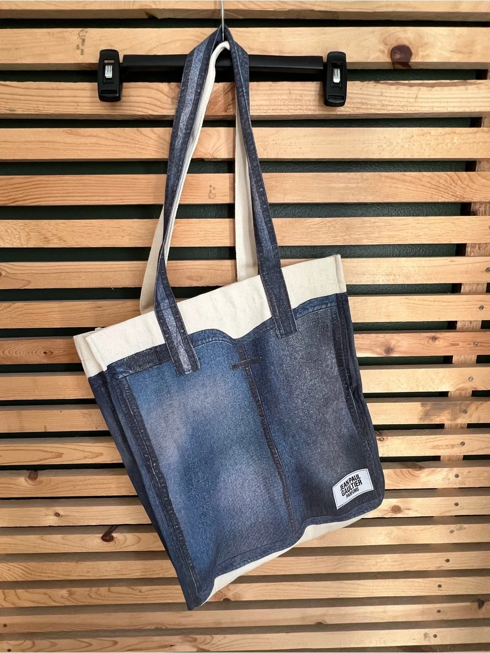 Jean Paul Gaultier Denim-Print Canvas Tote in Blue and Cream
